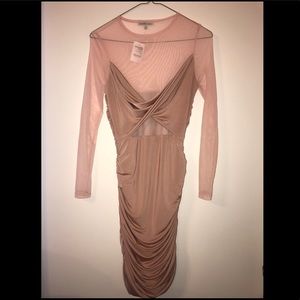 New with tags! Mesh-trimmed Ruched Bodycon Dress